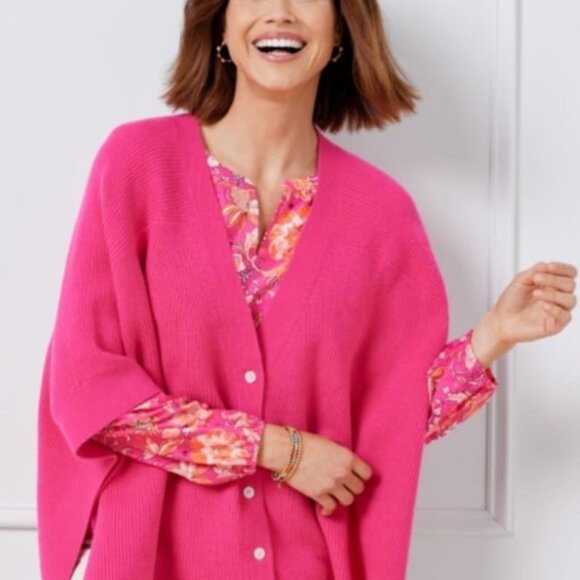 TALBOTS PINK BUTTON FRONT PONCHO SWEATER M / L BEAUTIFUL - Picture 1 of 5
